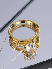 Charm-In Gorgeous And Dazzling Ring With Large Inlaid Zirconia In Smooth And Artistic Crossed Lines Design, In Rich Golden Color - Yellow Gold - View 2