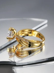 Charm-In Gorgeous And Dazzling Ring With Large Inlaid Zirconia In Smooth And Artistic Crossed Lines Design, In Rich Golden Color - Yellow Gold - View 6