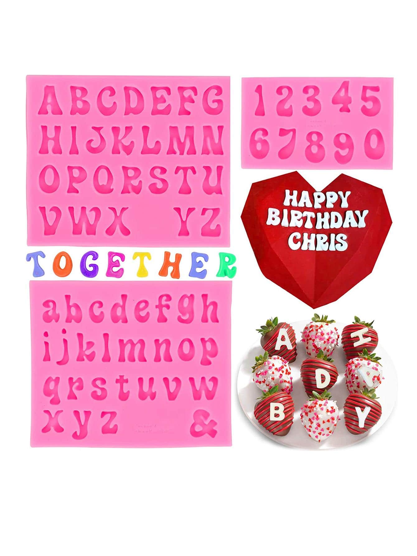 3 piezas/set de silicona número & con diseño de letra DIY Molde de caramelo para Decoración de pasteles - Rosa - Añade 1