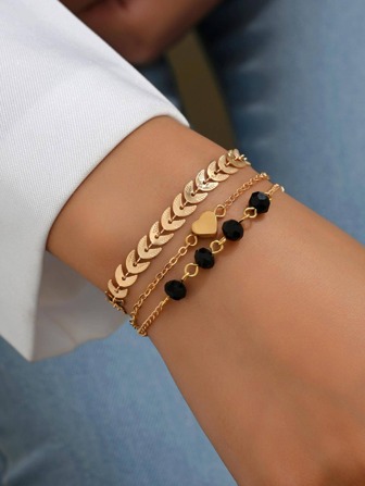 3 件/套时尚心形和珠子装饰手链，适合女士日常装饰情人节、妈妈、母亲、母亲节、礼物