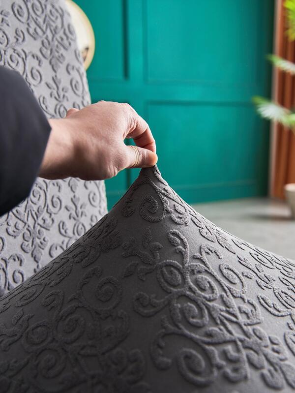 1pc Scroll Jacquard Ruffle Trim Stretchy Chair Slipcover, Modern
