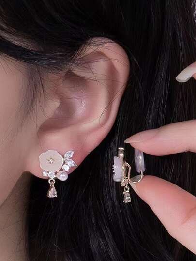 1 对时尚锌合金水钻和花朵装饰夹式耳环，适合女士，情人节、妈妈、母亲、母亲节、礼物