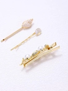 3入組女士珍珠和海星裝飾波西米亞髮夾 - 金色 - 查看 4