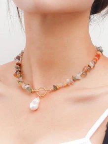1 件不对称形状人造珍珠和宝石串珠项链，带搭扣，适合女性日常佩戴 - 彩色 - 查看 8