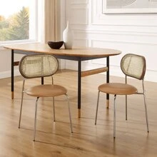 Cane Rattan Back Faux Leather Accent Dining Chair (Set of 2) - Brown - View 2