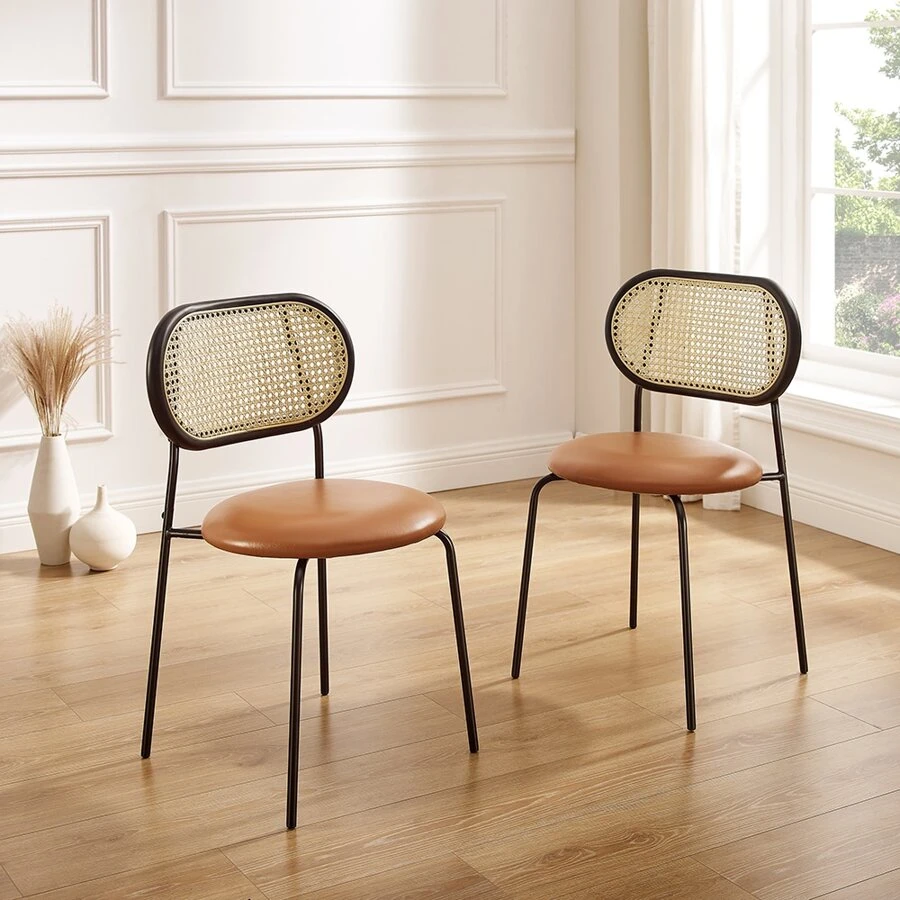 Cane Rattan Back Faux Leather Accent Dining Chair (Set of 2) - Coffee Brown - View 1