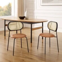 Cane Rattan Back Faux Leather Accent Dining Chair (Set of 2) - Coffee Brown - View 2