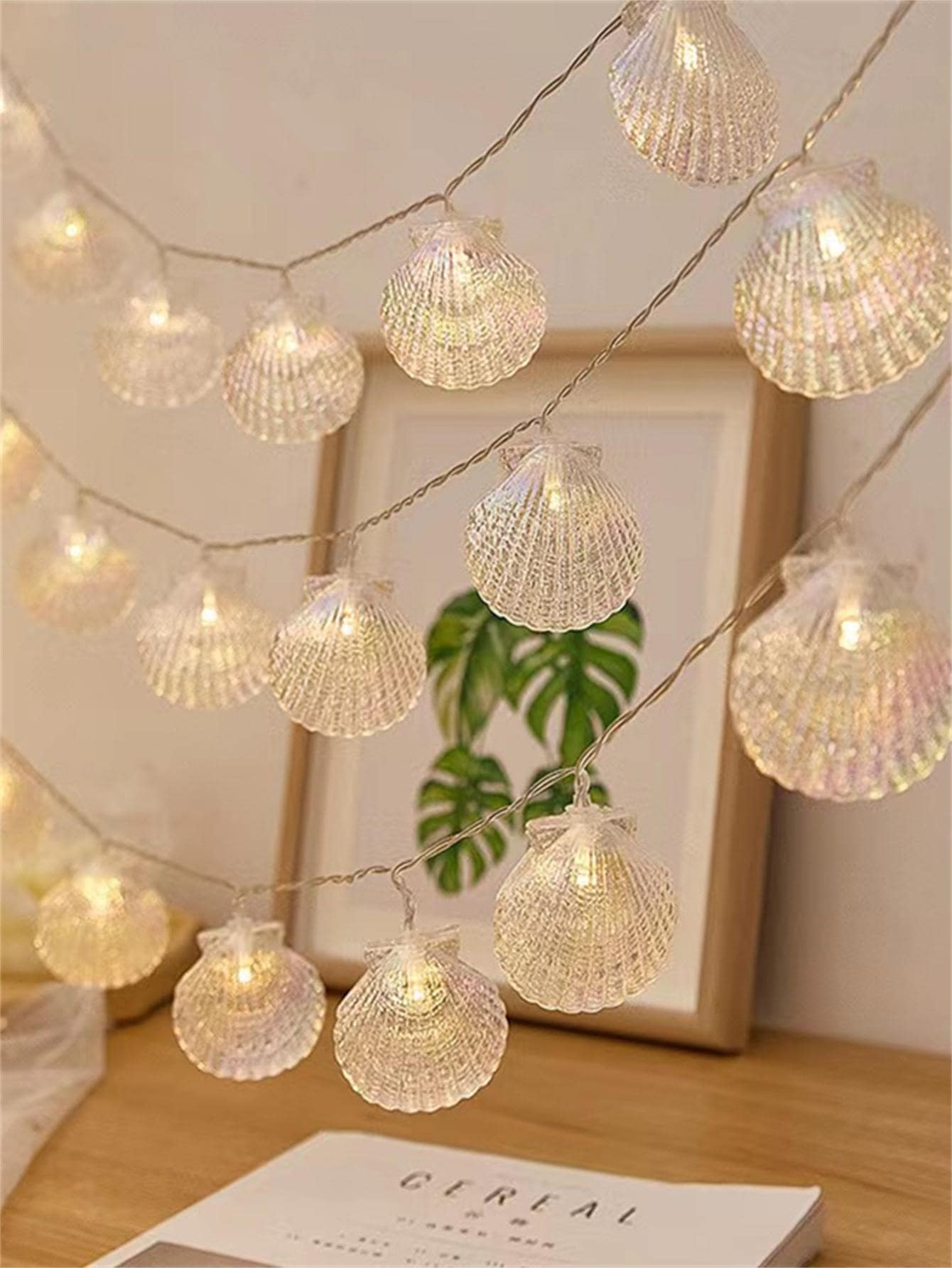 1 pieza de Cadena de luces LED con 5/10 conchas, decoración de fiesta de cumpleaños, diseño de escena para sorpresa en el baúl del coche, decoración de habitación - Amarillo - Añade 9