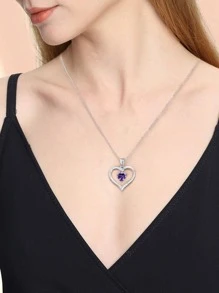 1入組二月誕生石心形墜飾項鍊適合女士S925純銀母親節情人節精細首飾類生日禮物適合女孩