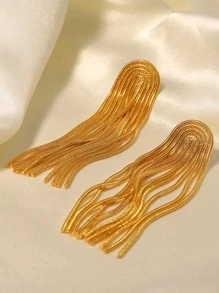 1對時尚珠寶不銹鋼18K金镀誇張長流蘇耳環，適用於女孩聚會佩戴 - 金黃色 - 查看 5