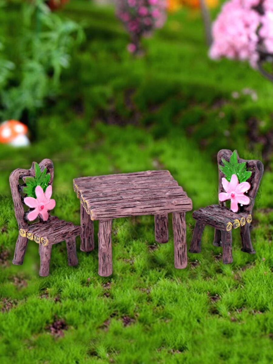 1 套微型鄉村風格圓桌椅裝飾品帶多肉盆栽、沙盤模型裝飾、迷你咖啡桌和椅子 - 咖啡棕 - 查看 1
