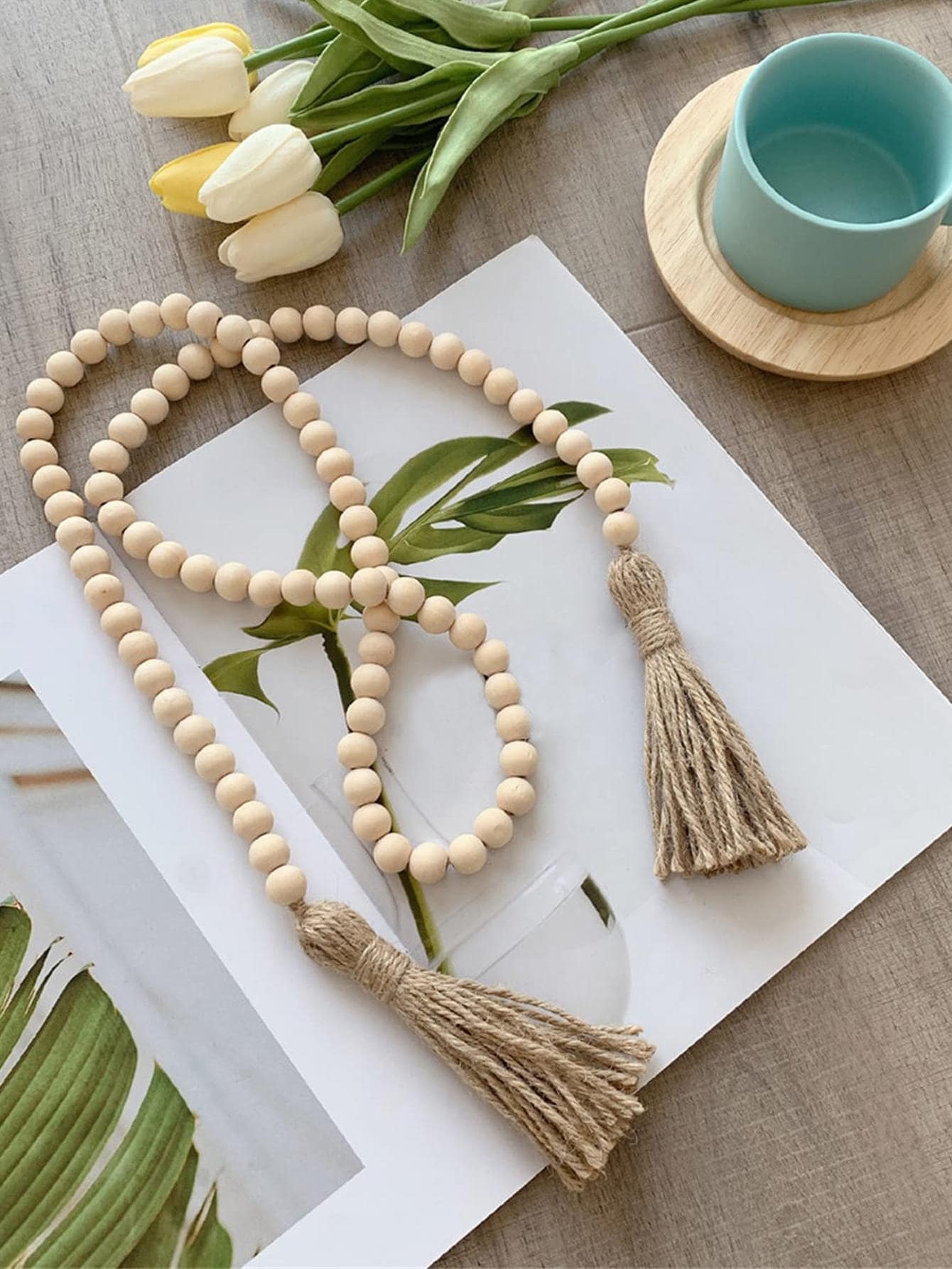 1入組珠子和流蘇裝飾壁掛家居木製掛飾