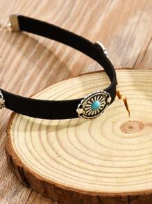 1pc Bohemian Style Black Short Vintage Silver Metallic Flower Necklace With Turquoise Pendant For Women's Daily Wear Valentines