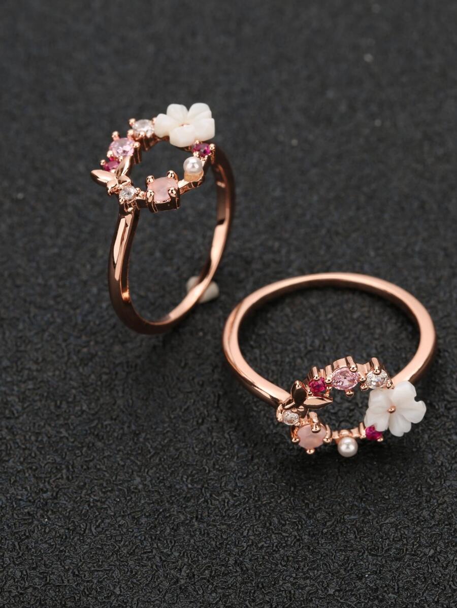 水鑽和花朵裝飾戒指 - 玫瑰金 - 查看 1