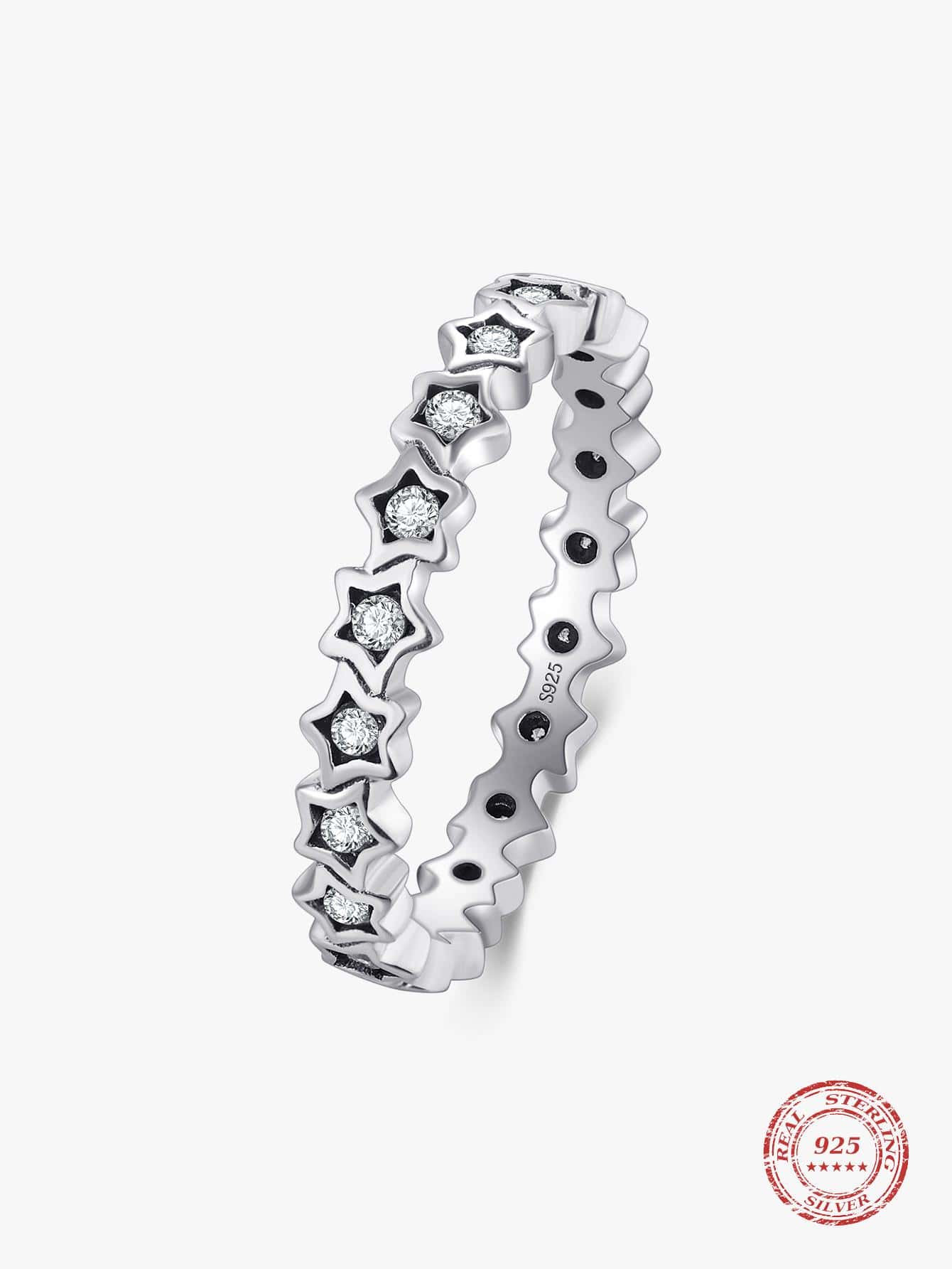 S925純銀高級精緻復古星星戒指,女性婚禮/生日禮物珠寶飾品 - 銀色 - 查看 1
