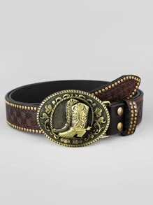 Boots Detail Oval Buckle Belt - Coffee Brown - View 1
