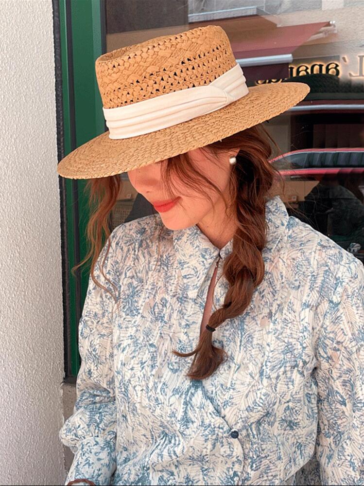 1pc Women Ribbon Decor Woven Casual Straw Hat For Outdoor Summer - Khaki - View 1
