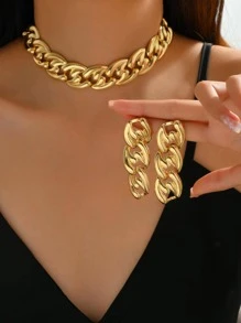 3入組/套龐克鐵鏈條細節首飾套裝適合女士適用於日常 - 金黃色 - 查看 4