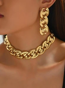 3入組/套龐克鐵鏈條細節首飾套裝適合女士適用於日常 - 金黃色 - 查看 6