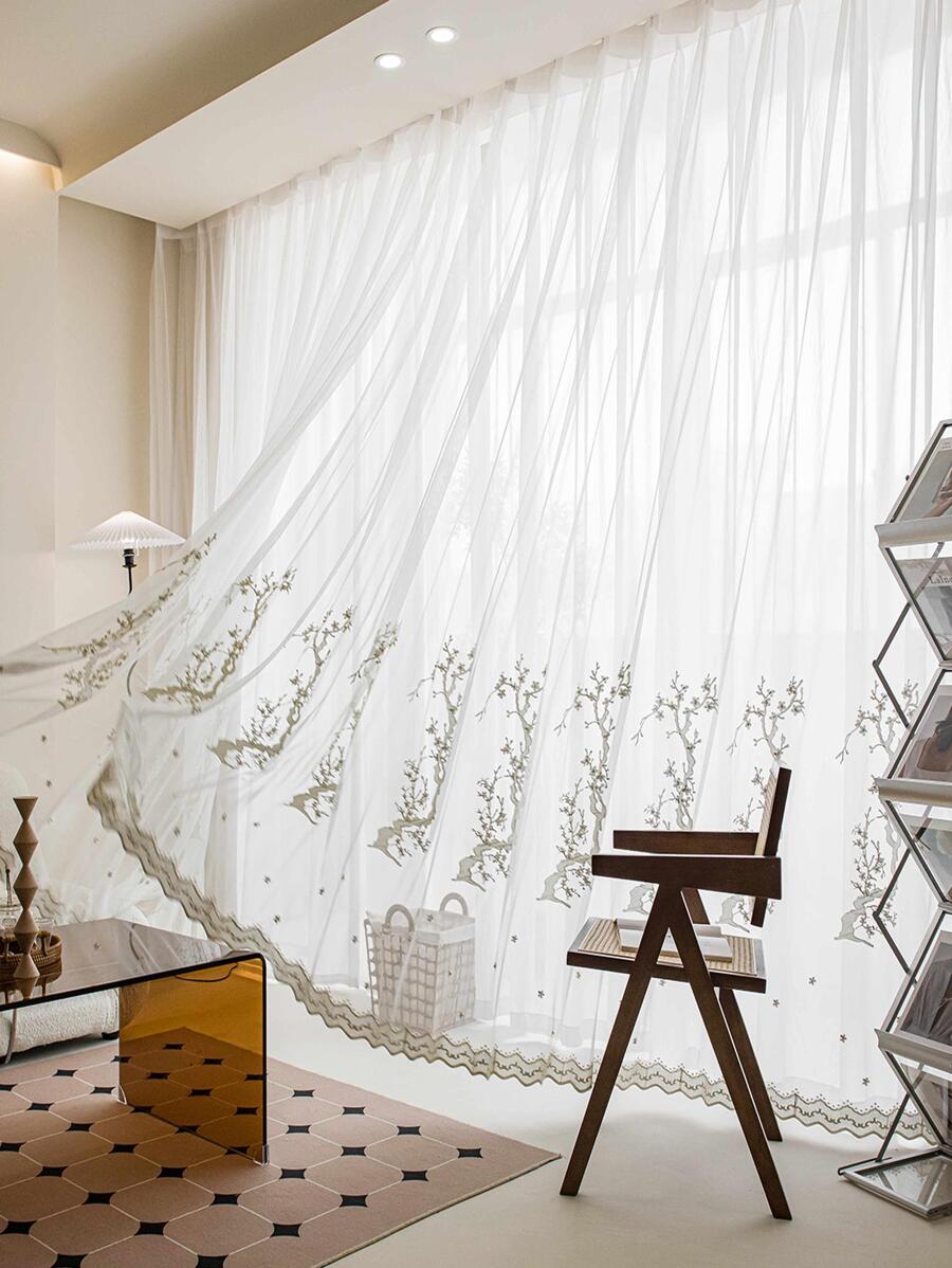 Floral Embroidered Single Panel Sheer Curtain, White Polyester Mesh Curtain, For Home - White - View 1