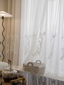 Floral Embroidered Single Panel Sheer Curtain, White Polyester Mesh Curtain, For Home - White - View 7