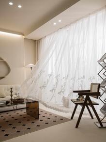 Floral Embroidered Single Panel Sheer Curtain, White Polyester Mesh Curtain, For Home - White - View 4