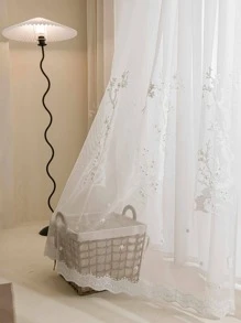Floral Embroidered Single Panel Sheer Curtain, White Polyester Mesh Curtain, For Home - White - View 6
