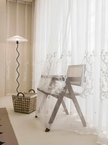 Floral Embroidered Single Panel Sheer Curtain, White Polyester Mesh Curtain, For Home - White - View 2