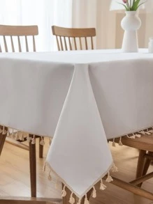 1 件防水桌巾純色布藝流蘇桌巾適用於餐桌、書桌、茶几,防水 - 白色 - 查看 4