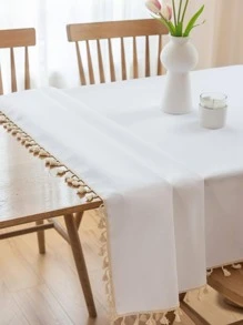 1 件防水桌巾純色布藝流蘇桌巾適用於餐桌、書桌、茶几,防水 - 白色 - 查看 5