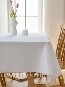 1 件防水桌巾純色布藝流蘇桌巾適用於餐桌、書桌、茶几,防水 - 白色 - 查看 11