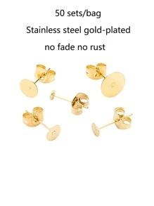 50 件/袋鍍金不銹鋼耳環耳環，帶後塞，尺寸 3-12 毫米，膠合式邊框耳環柱，適合 Diy 珠寶製作 - 金色 - 查看 2