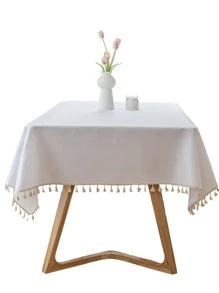 1 件防水桌巾純色布藝流蘇桌巾適用於餐桌、書桌、茶几,防水 - 白色 - 查看 1