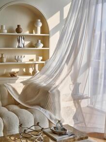 Solid Single Panel Sheer Curtain, White Polyester Mesh Curtain, For Home - White - View 1