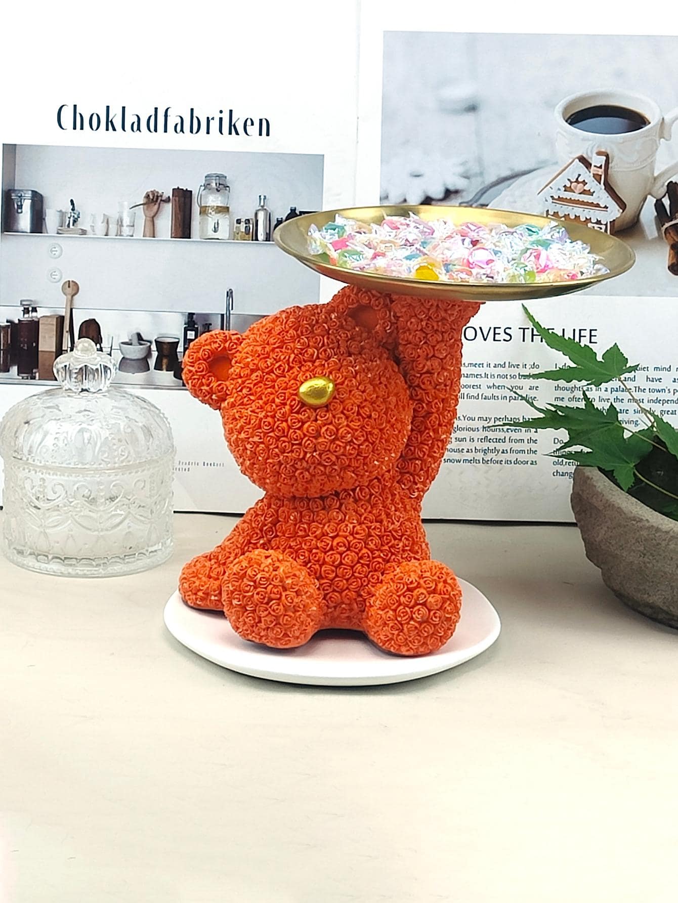 1入組熊設計裝飾工藝品橙色可愛儲物托盤用於家居裝飾