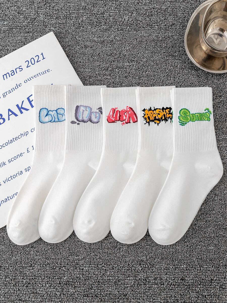 5pairs Men Letter Graphic Crew Socks - Multicolor - View 1