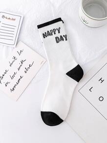 5pairs Men Plaid & Letter Graphic Crew Socks - Black and White - View 4