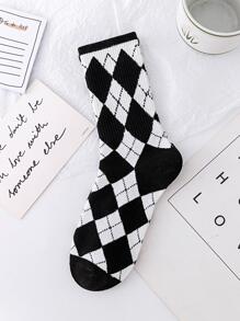 5pairs Men Plaid & Letter Graphic Crew Socks - Black and White - View 3
