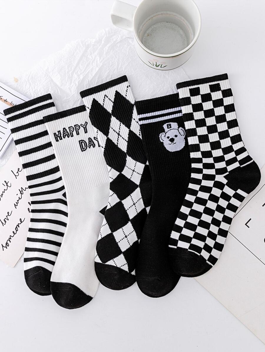 5pairs Men Plaid & Letter Graphic Crew Socks - Black and White - View 1