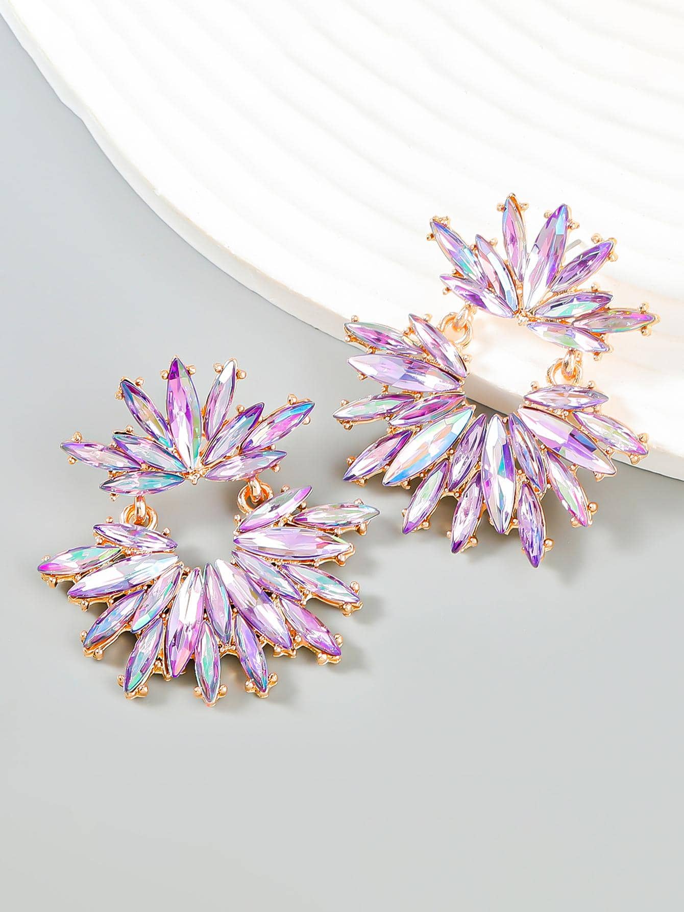 juran 1pair Glamorous Rhinestone Decor Flower Shaped Drop Earrings For Women For Daily Decoration - Purple - View 1