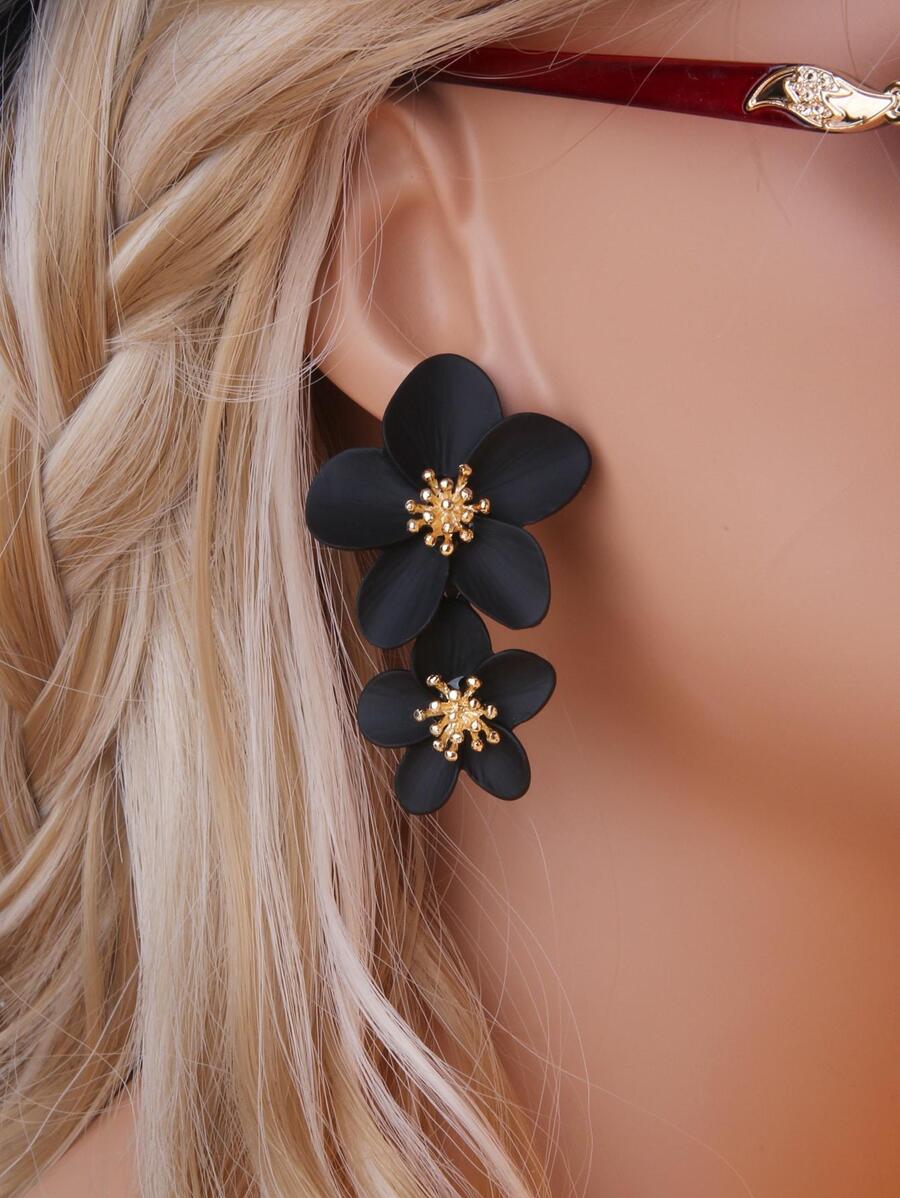 1對時尚鋅合金花朵裝飾耳墜適合女士日常裝飾 - 黑色 - 查看 1