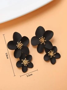 1對時尚鋅合金花朵裝飾耳墜適合女士日常裝飾 - 黑色 - 查看 2
