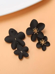 1對時尚鋅合金花朵裝飾耳墜適合女士日常裝飾 - 黑色 - 查看 3