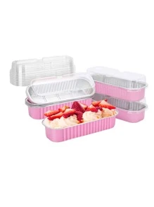 10pcs Pudding Cups With 10pcs Plastic Lids And Rectangular Foil Container For Baking Cheesecake, Sushi And Durian, Oven Friendly - Pink - View 1