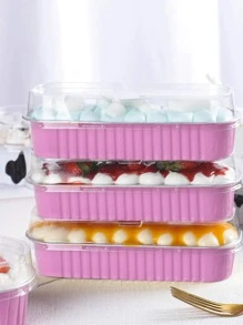 10pcs Pudding Cups With 10pcs Plastic Lids And Rectangular Foil Container For Baking Cheesecake, Sushi And Durian, Oven Friendly - Pink - View 4