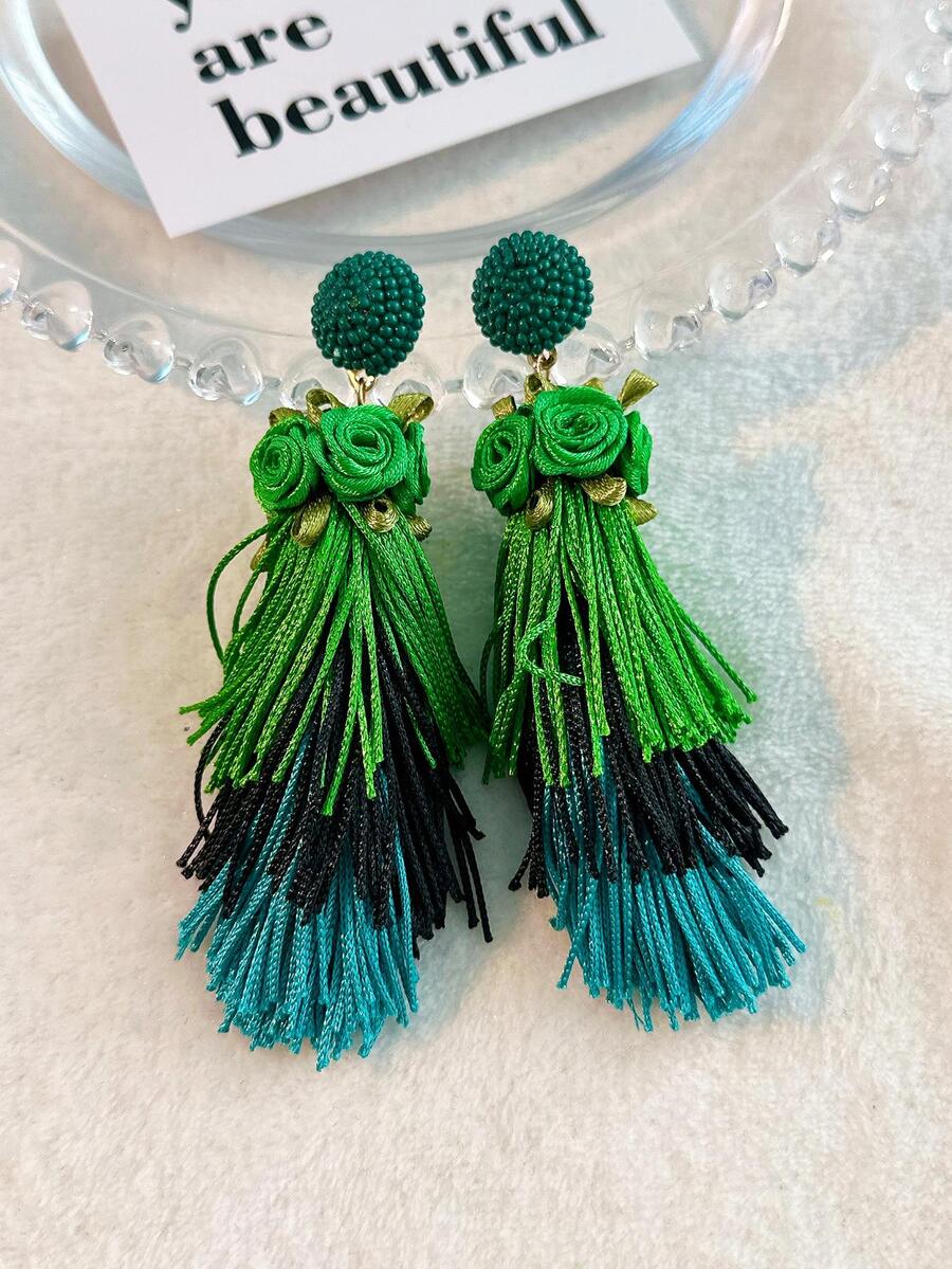 1 đôi bông tai hoa & tua rua phong cách Boho cho nữ để làm quà tặng - Nhiều màu - Xem 1