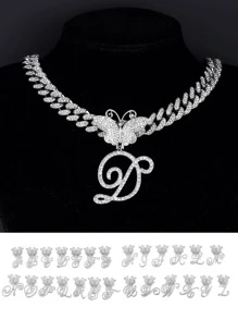 1pc Hip Hop Optional 26 Butterfly Italy Letter Men's Pendant Necklace explosive Punk jewelry Rhinestone Chain Link For Women Men - Silver - View 1