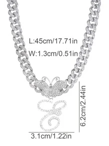1pc Hip Hop Optional 26 Butterfly Italy Letter Men's Pendant Necklace explosive Punk jewelry Rhinestone Chain Link For Women Men - Silver - View 5