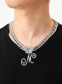 1pc Hip Hop Optional 26 Butterfly Italy Letter Men's Pendant Necklace explosive Punk jewelry Rhinestone Chain Link For Women Men - Silver - View 3