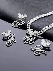 1pc Hip Hop Optional 26 Butterfly Italy Letter Men's Pendant Necklace explosive Punk jewelry Rhinestone Chain Link For Women Men - Silver - View 4